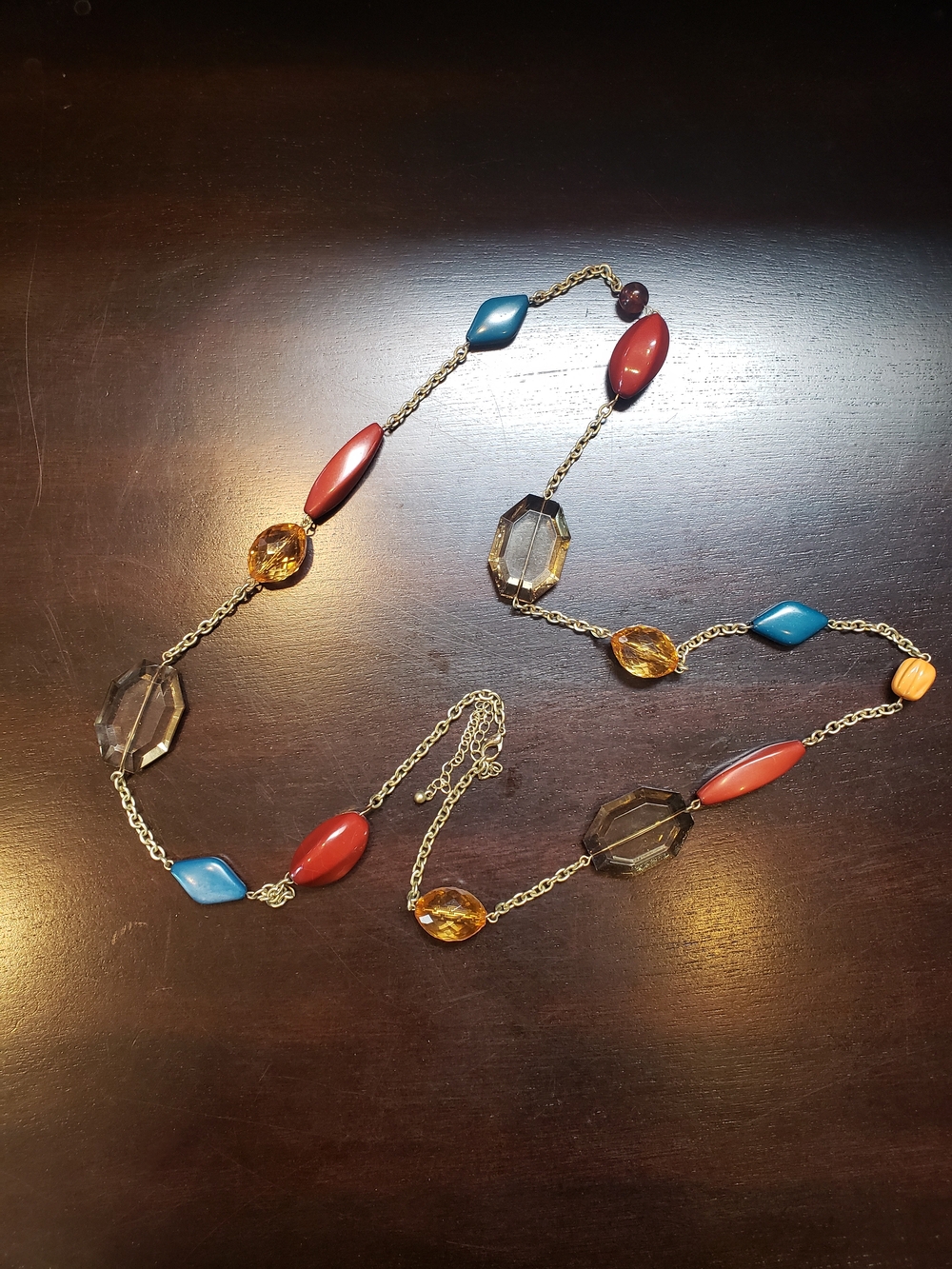 Colorful Beaded Long Necklace – Red, Blue & Amber Accents